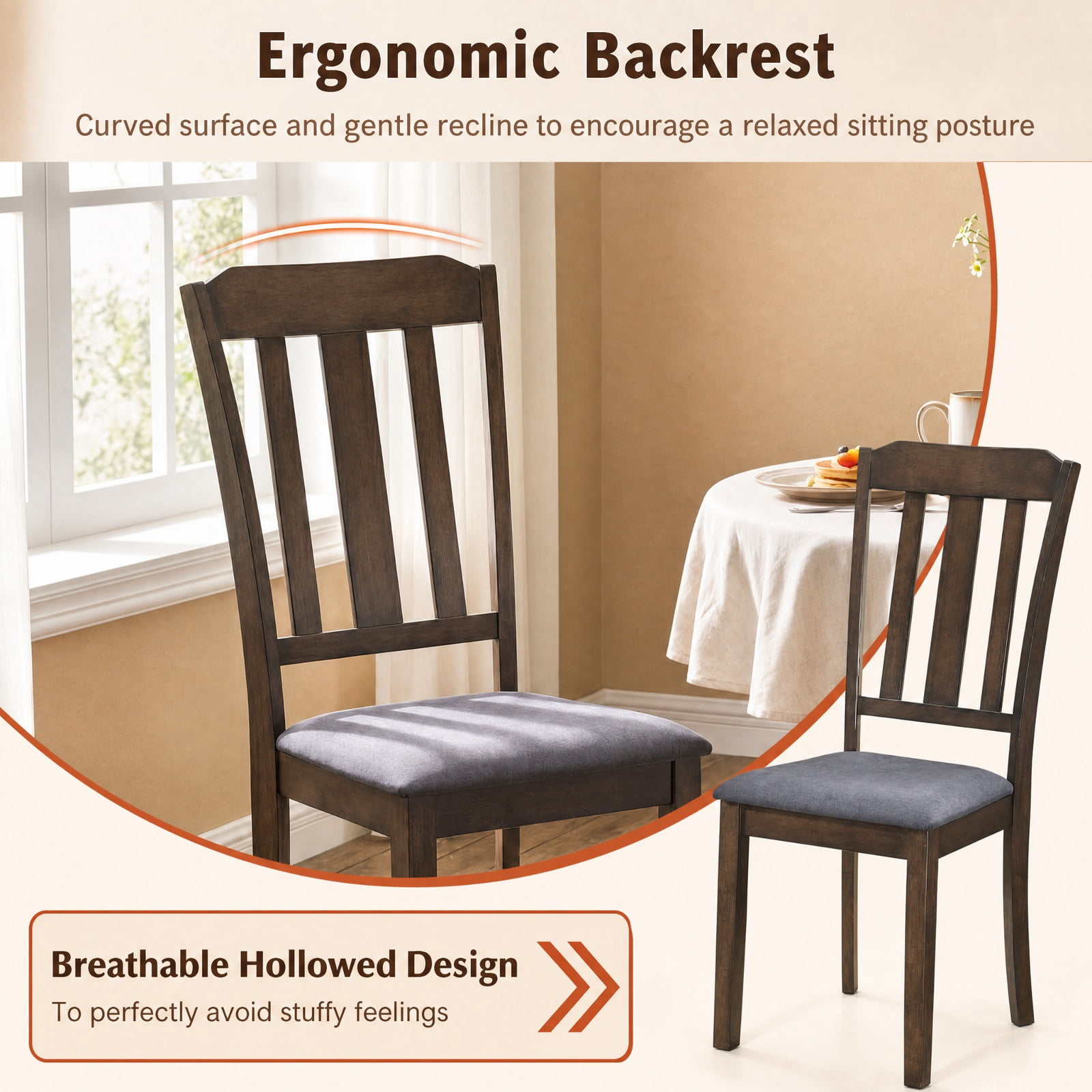 Furnibear Set of 2 Rubber Wood Dining Room Chairs with Padded Faux Linen Seat and Curved Backrest for Kitchen and Dining Room, Brown