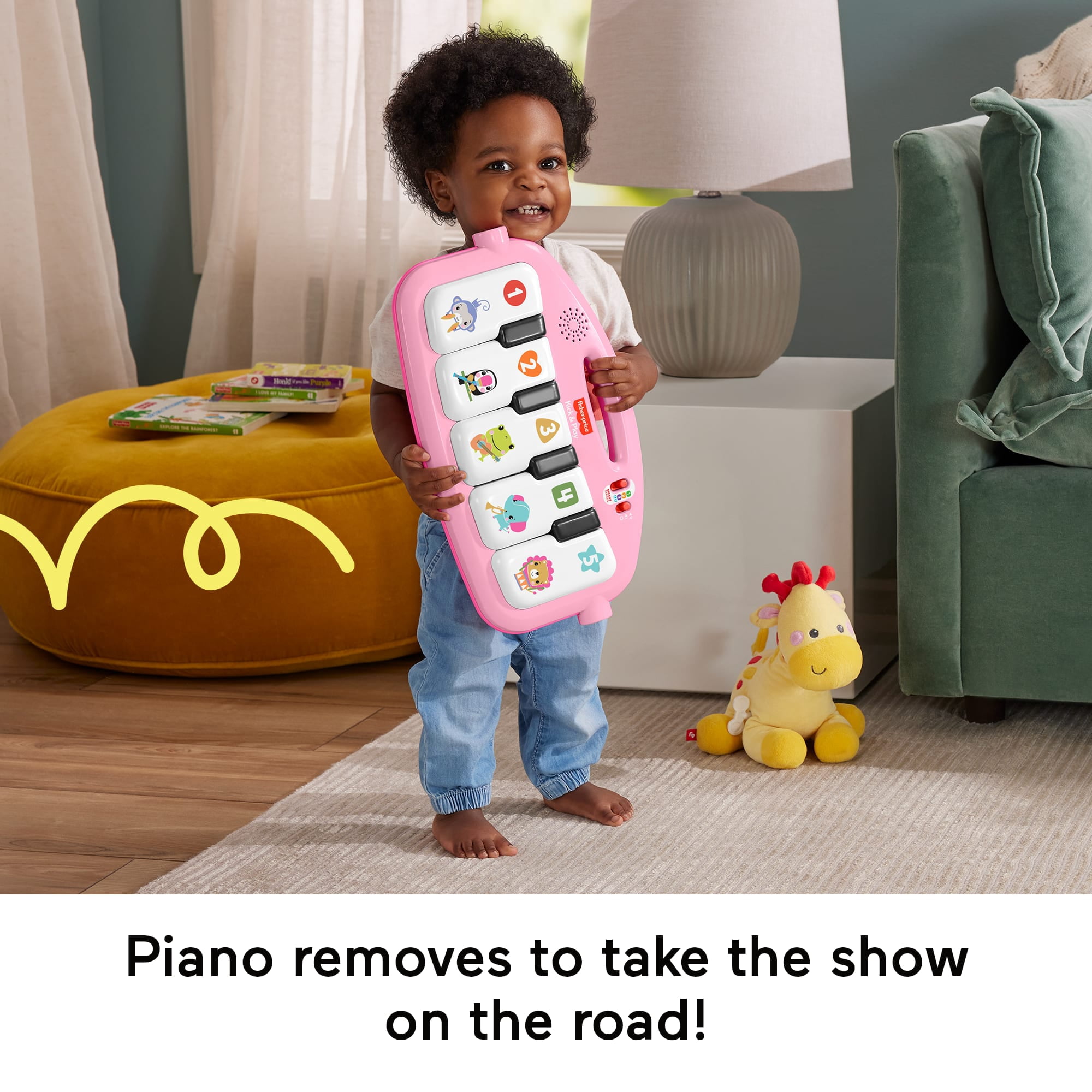 Fisher-Price Glow and Grow Kick & Play Piano Gym Baby Playmat with Musical Learning Toy, Pink