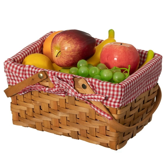 Wickerwise Handwoven Wood Chip Picnic Basket with Double Folding Handles & Removable Liner – Ideal for Storage, Gift Packing, Easter, & Camping, Red Large