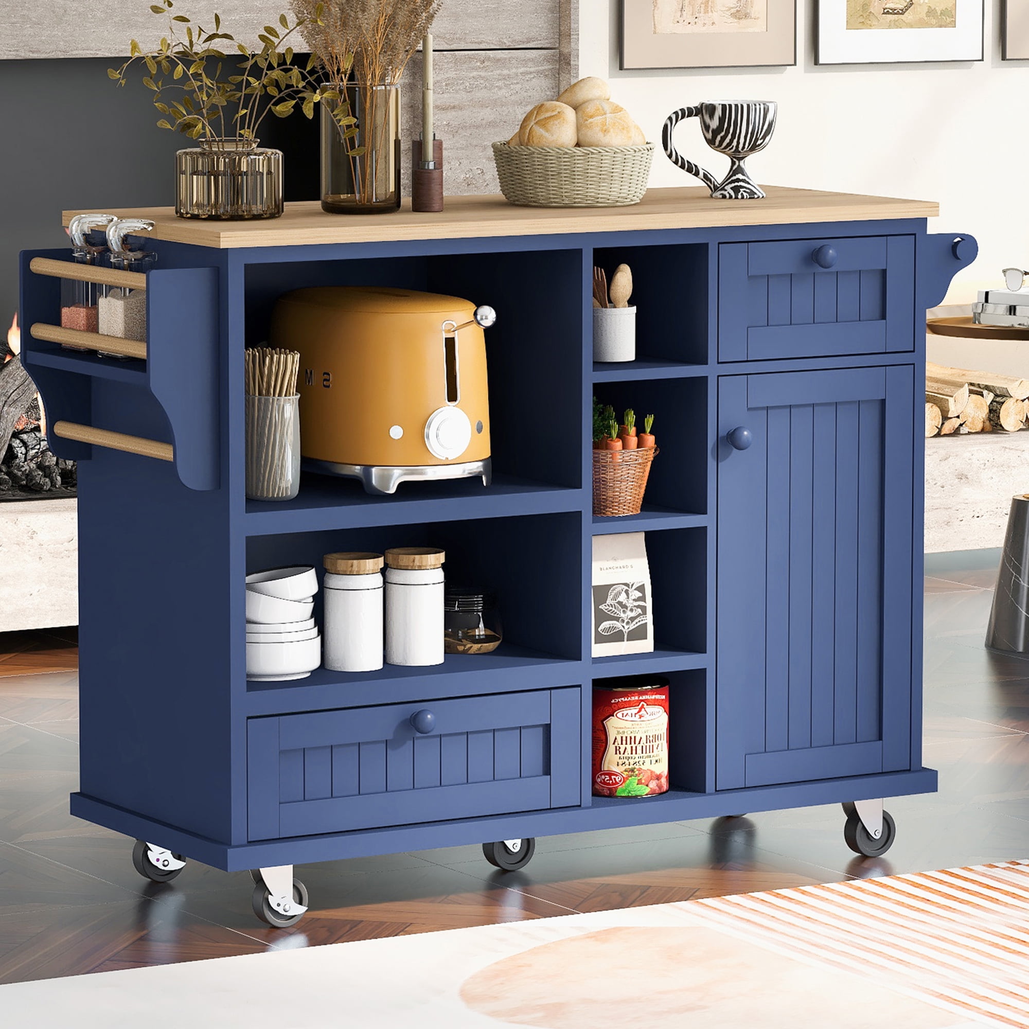 Kitchen Island Cart, Storage Kitchen Cart with 2 Lockable Wheels, Moveable Buffet Sideboard