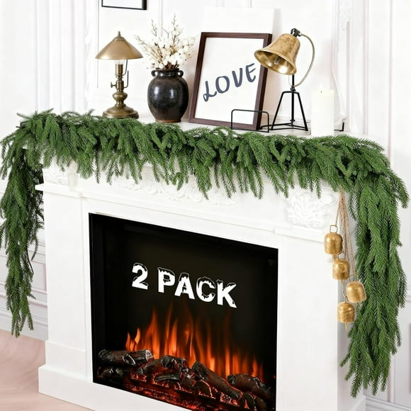 2PCS Norfolk Pine Christmas Garland, Real Touch Winter Pine Garland, Full Green Artificial Greenery Garland for Table, Mantle, Fireplace, Wall, Indoor, Outdoor Christmas Decorations (6 FT)
