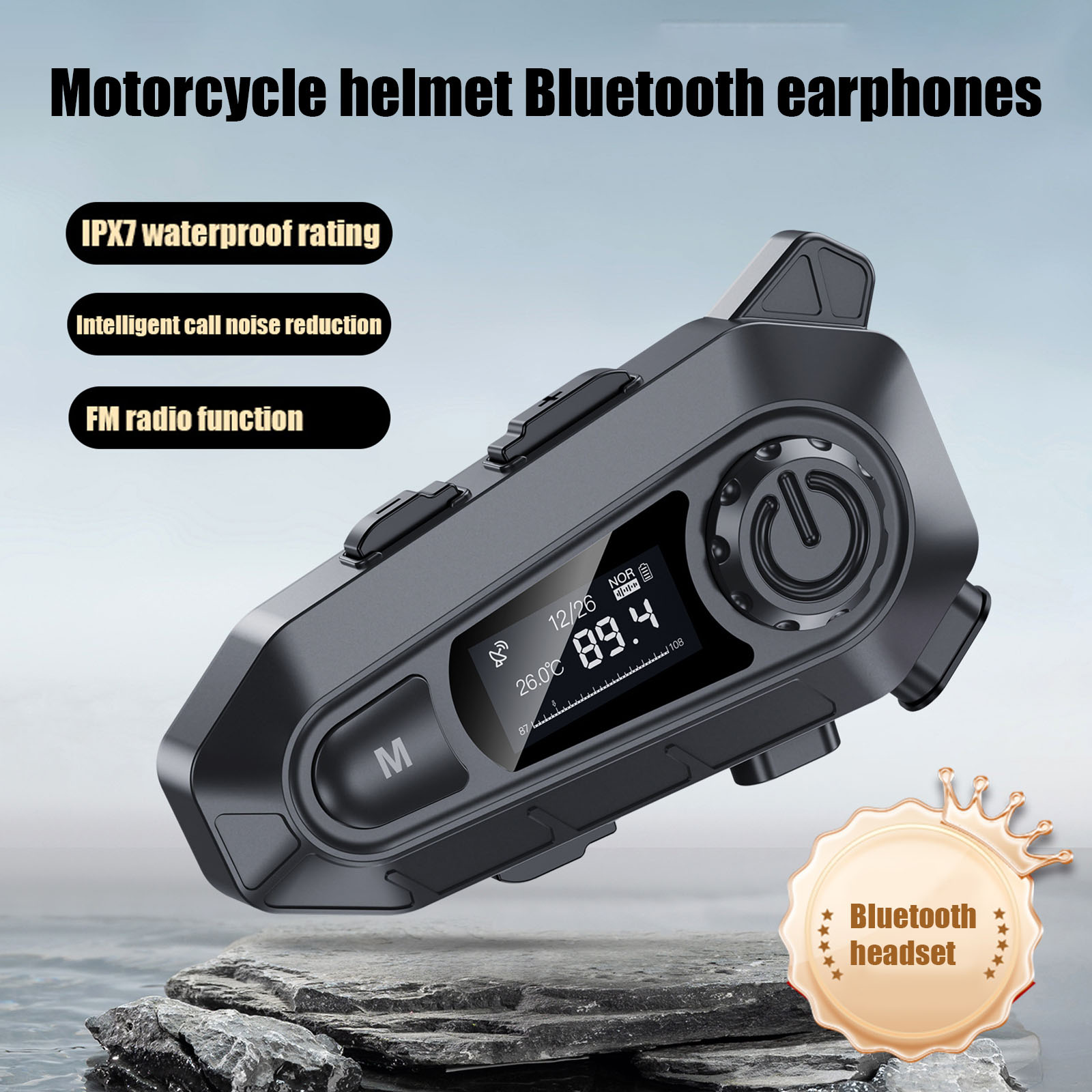 Motorcycle Bluetooth Headset, Waterproof Wireless Motorbike Intercom Headset with CVC Noise Cancellation Stereo, Bluetooth Motorcycle Helmet Headset for Full face Helmet, Black