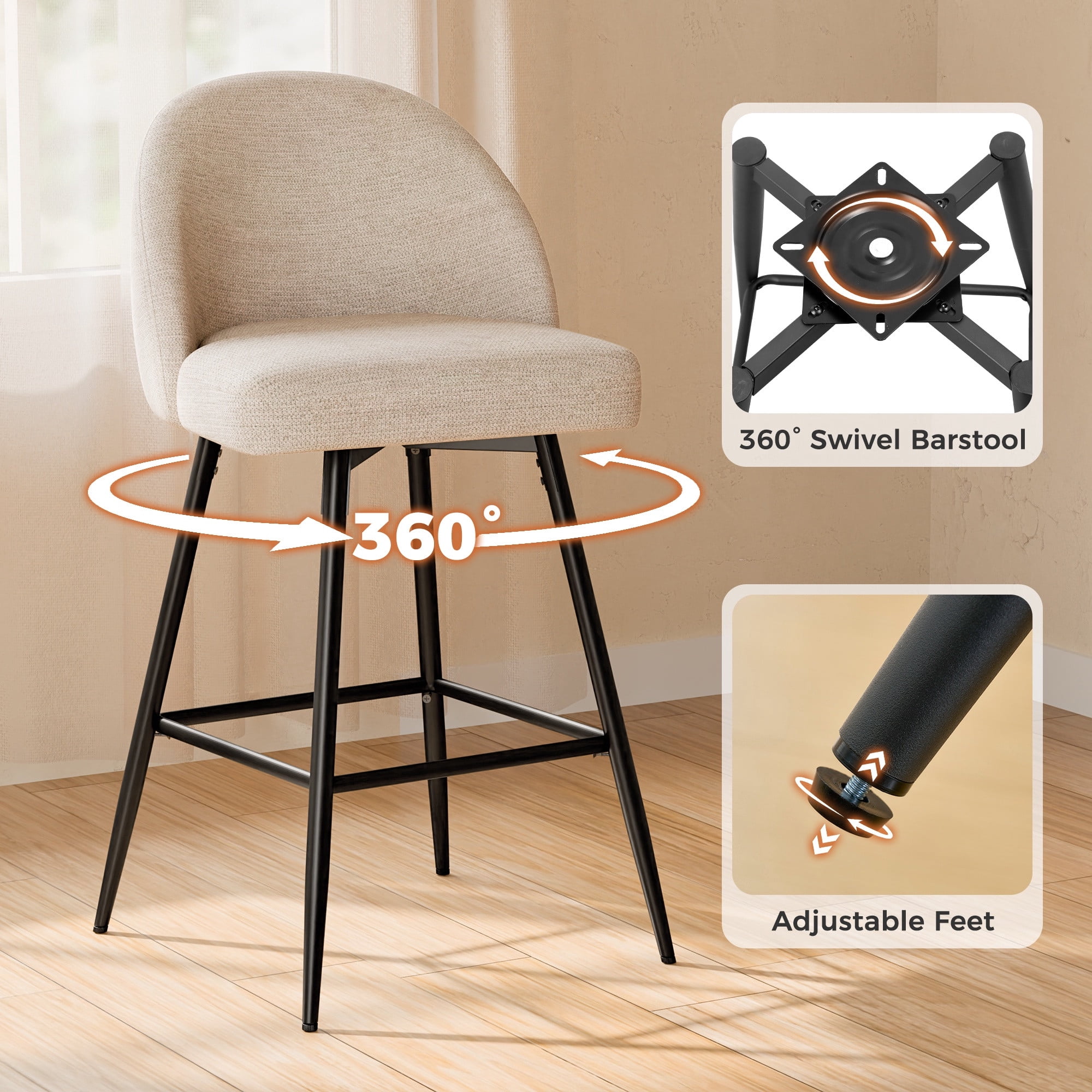 CDCASA Counter Height Bar Stools with Back Sets of 4, 360°Swivel Upholstered Barstools with Metal Legs, 27" Seat Height Bar Stool for Kitchen Island, Light Flax