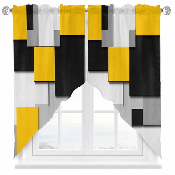 Yellow Black Patchwork Swag Valances for Windows 2 Pack Abstract Retro Art Swag Kitchen Curtains 36 Inches Long Rod Pocket Short Window Treatment for Kitchen Bathroom 36"x36"