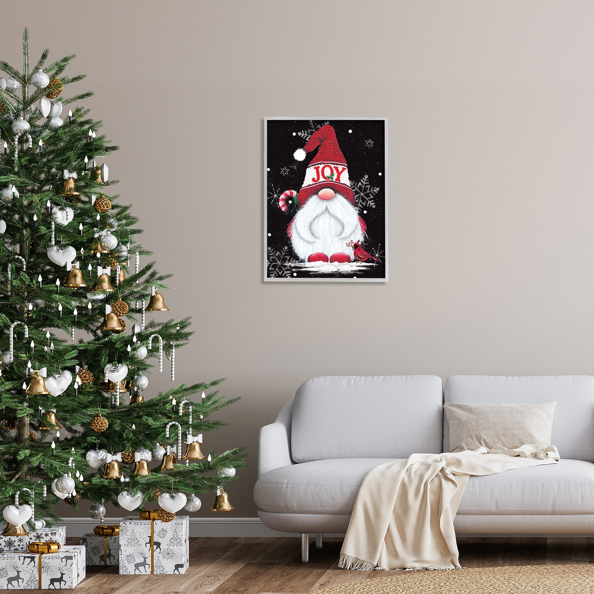 Red Holiday Gnome Candy Cane Snowflakes Pattern Fairy Tales & Fantasy Graphic Art Framed Art Print Wall Art