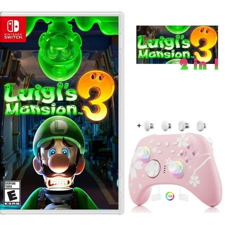 Luigi's Mansion 3 Game Disc and Upgraded Switch Pro Controller for Nintendo Switch/PC/IOS/Android/Steam with Hall Effect Joysticks & Hall Effect Triggers Pink, 3 Pairs of Joysticks