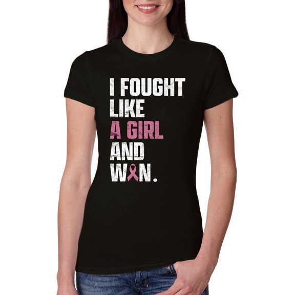 Wild Bobby I Fought Like A Girl and Won Breast Cancer Awareness Women Slim Fit Junior Tee, Black, Small