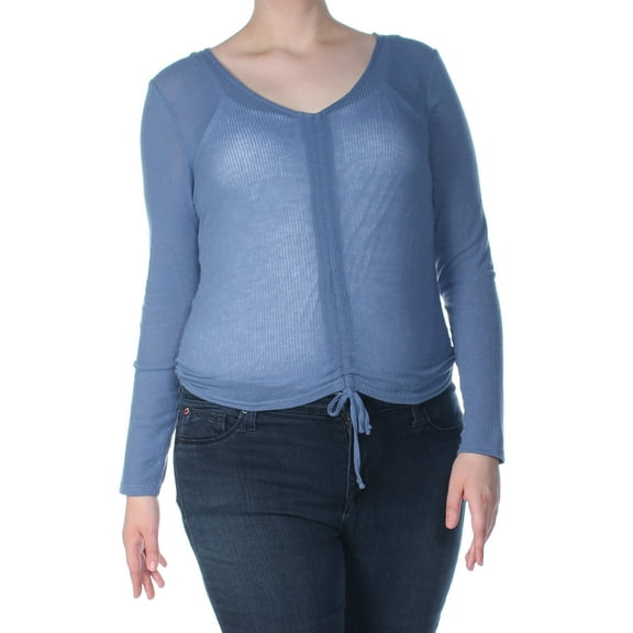 ULTRA FLIRT Womens Blue Ruched Long Sleeve V Neck Top Juniors XL