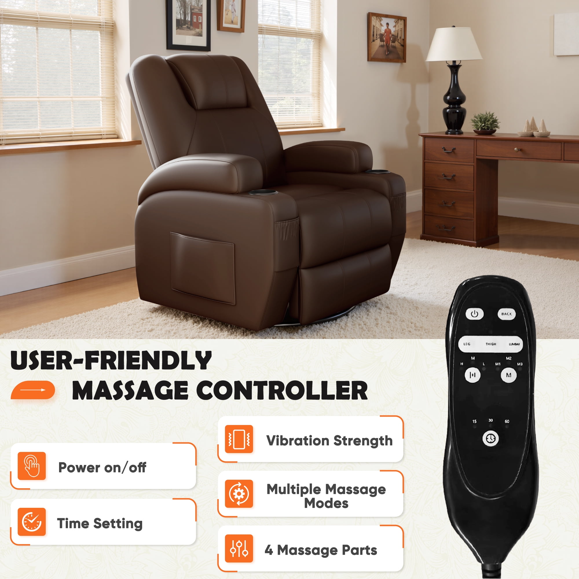 Furmax 360° Swivel Rocking Chair Power Massage Recliner With nursing Needs Oversized Furniture For Living Room,,PU Brown
