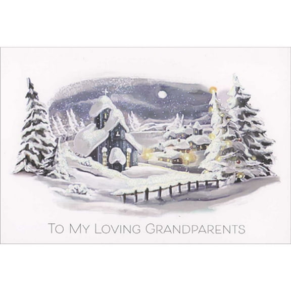 Pictura Church and Village Covered in Sparkling Snow Under Night Sky Christmas Card for Grandparents