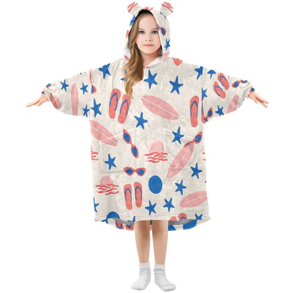 Kids Wearable Blanket Hoodie with 2 Pockets Cheerful Beach Motifs Oversize Blankets Sweatshirt for Children Small