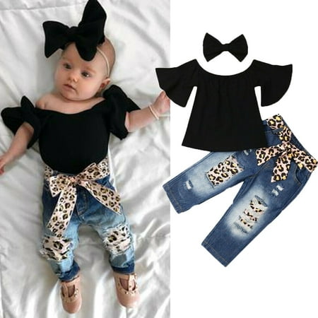 

ZIYIXIN 3Pcs Toddler Kids Baby Girls Shirt Top Denim Jeans Leopard Pants Headband Outfits Summer Black 2-3 Years