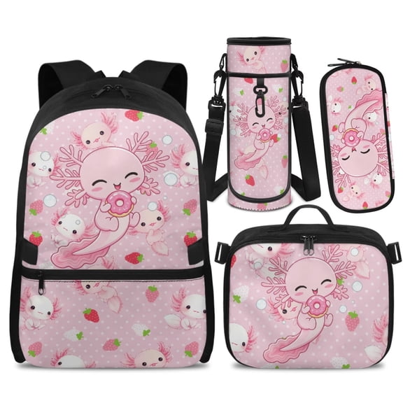 Yspwyqan Pink Polka Dot Axolotl Strawberry Backpack Set 4Pcs with Lunch Box Pencil Case Water Bottle Bag, Double Zipper Lightweight Bookbags Fits 14" Laptop for Elementary School Travel