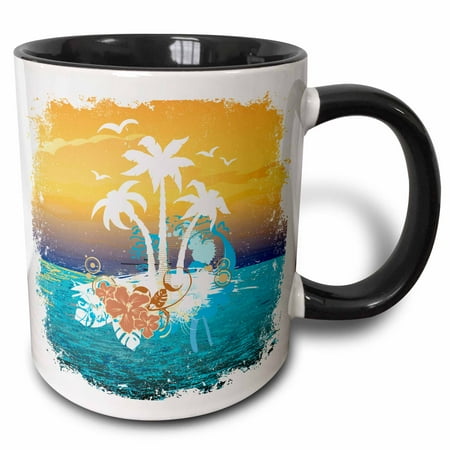 

3dRose A Pretty Island Scene With Palm Trees and Tropical Flowers In Orange and Blue - Two Tone Black Mug 11-ounce