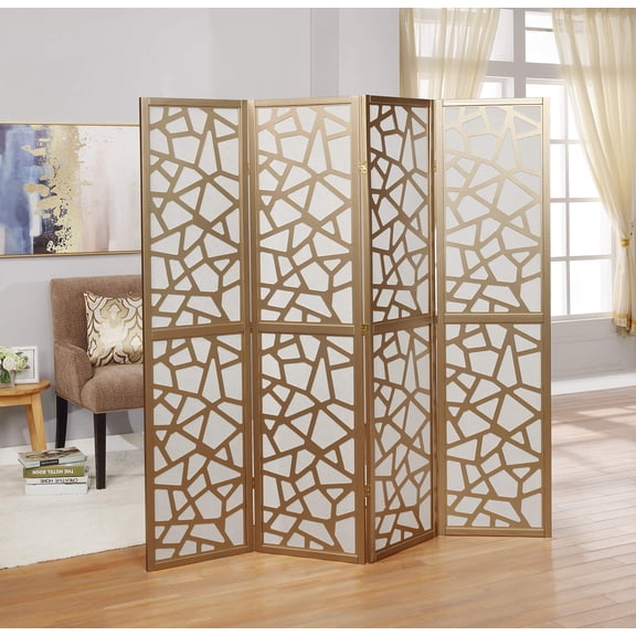 Decorative 4‑Panel Privacy Room Divider, White Non‑Woven Screen with Gold‑Tone Wood Frame, Foldable Light‑Permeable Partition for Living Room, Dressing Area, Home‑Office Background & Indoor Display