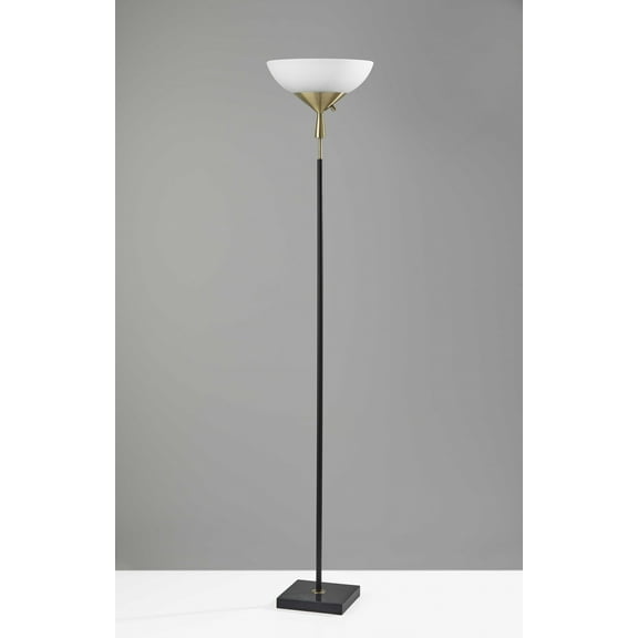 Sleek Torchiere Black Metal Frosted Alabaster Glass Shade