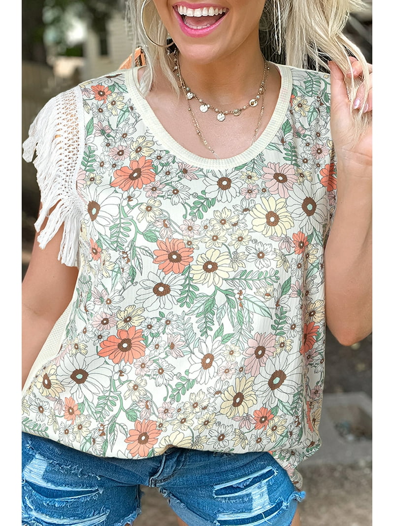 Women's White Floral Crinkle Gauze Lace Fringed Crochet Top