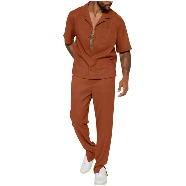 Blusa de Manga Corta Hombres de Moda Casual Sólido Turndown Top Blusas Traje Conjunto, Traje de Dos Piezas para Diario Y Casual