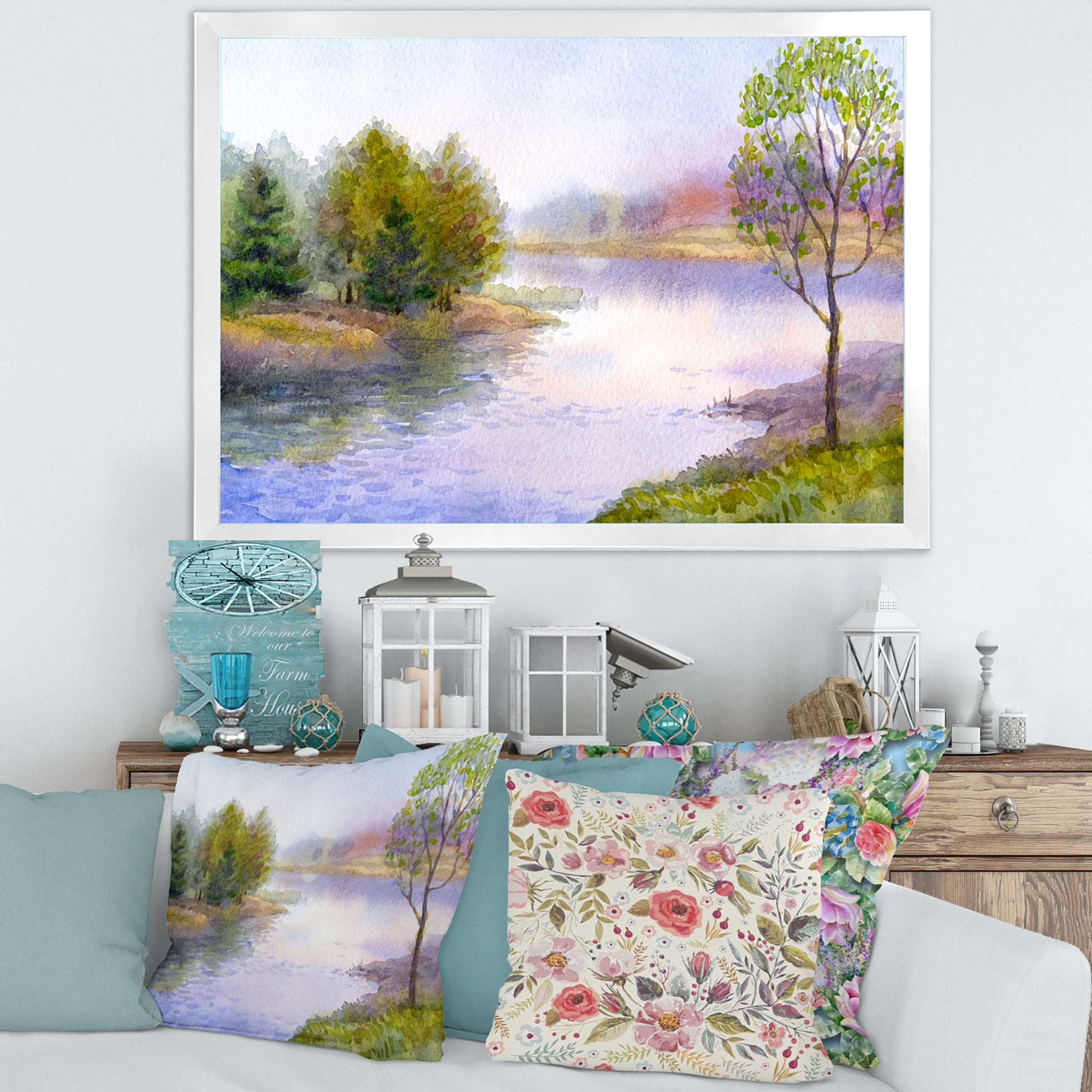 Designart 'Trees On The Bank Of River' Lake House Framed Art Print