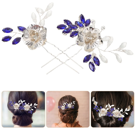 LOLIPPYY 2Pcs Elegant Blue Bridal Hairpins Rhinestone Hair Chopsticks Lightweight Wedding Accessories