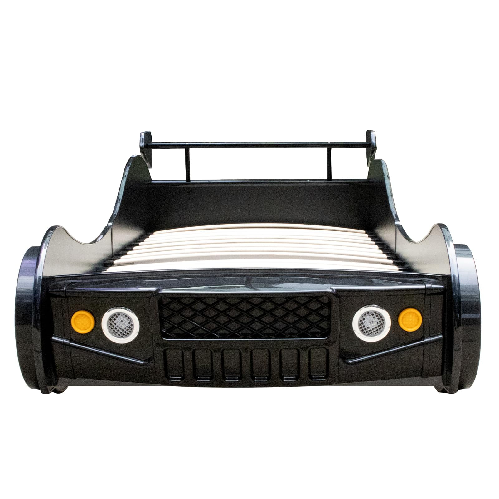 Twin Size Race Car Bed for Kids - Black Wooden Platform Frame with LED Lights, Wheels & Slat Support ,No Box Spring Needed