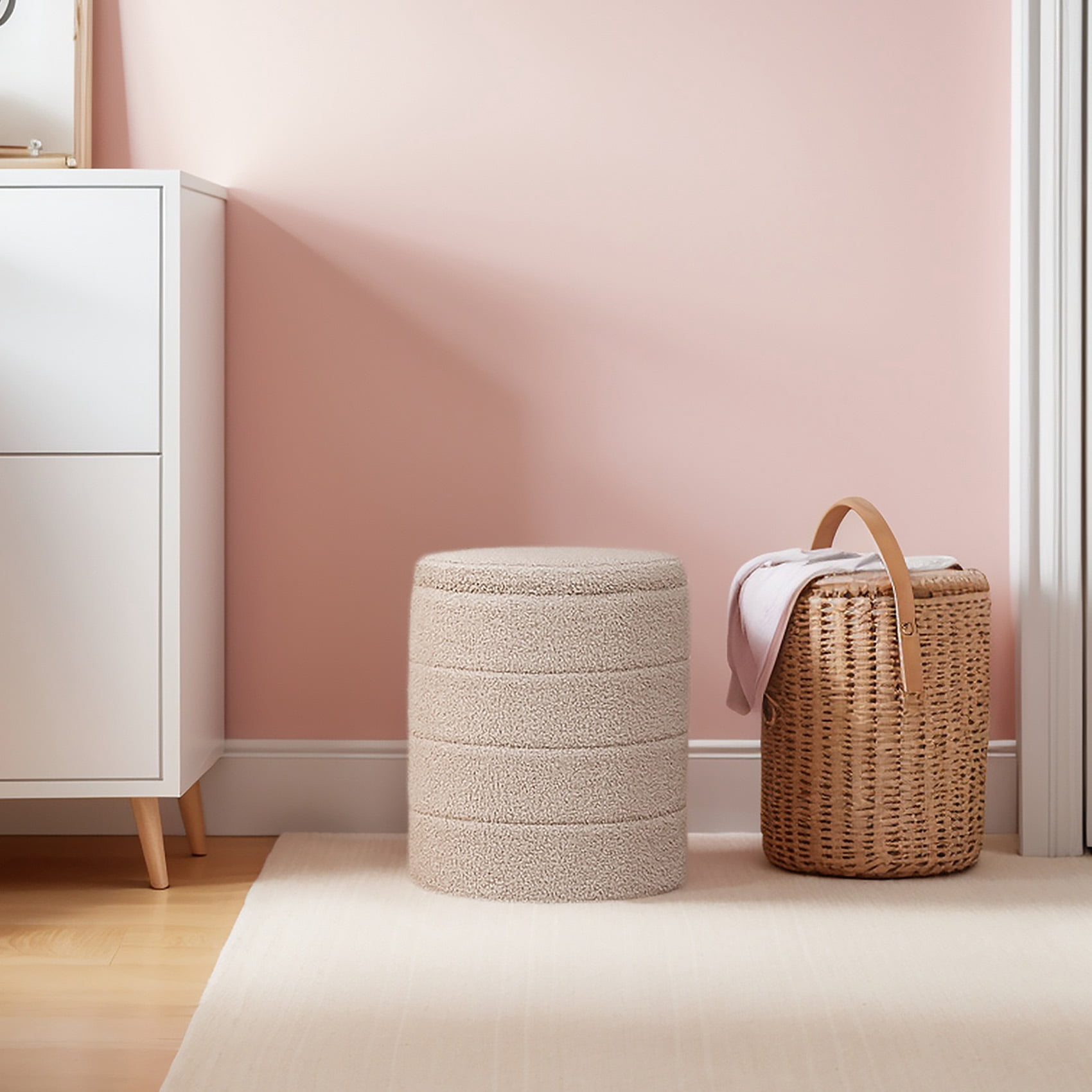 B FSOBEIIALEO 14.6inch Collapsible Storage Ottoman Round with Tray Teddy Fabric Living Room Bedroom Ottoman with Storage(Beige)