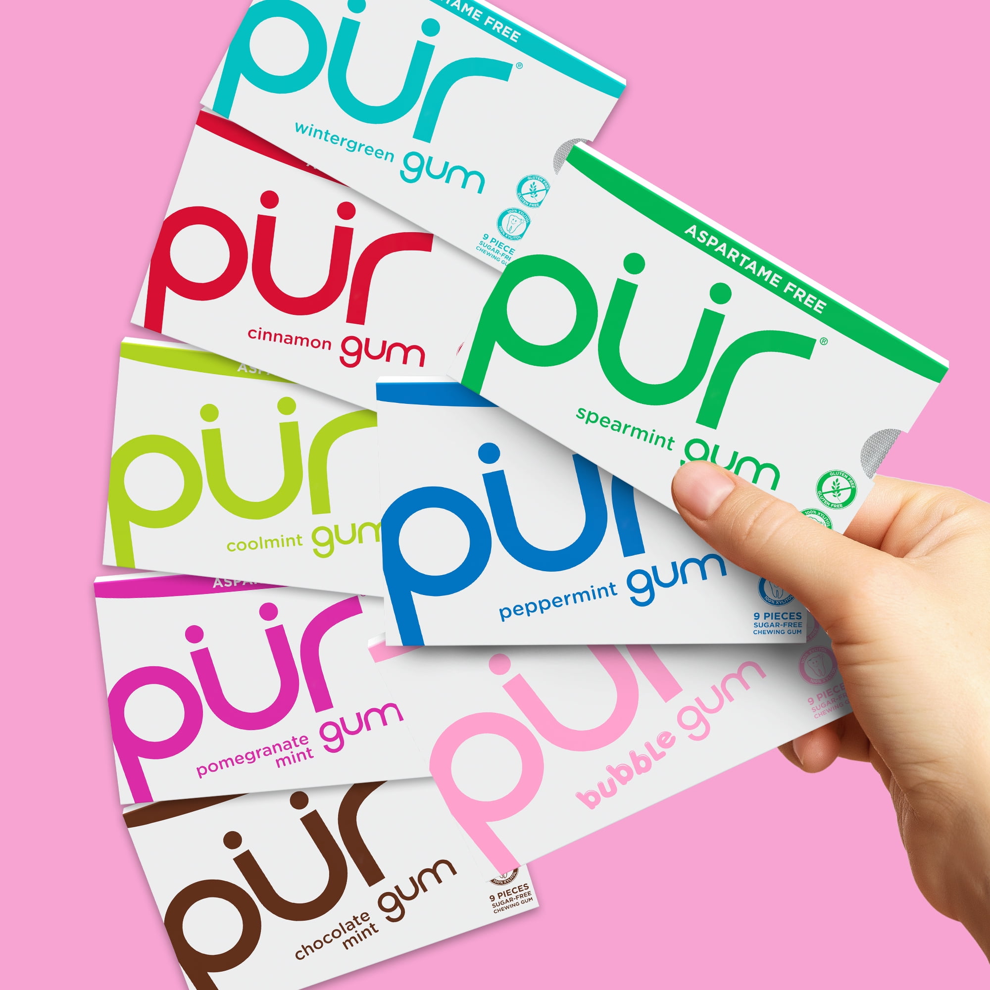 PUR Gum, Aspartame Free, Sugar Free & 100% Xylitol, Chewing Gum, Variety Pack,  9 Pieces, Pack of 8