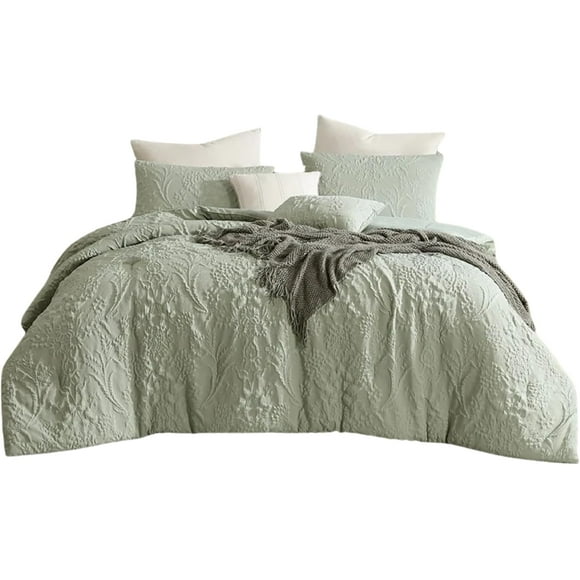 B.KIND & BEYOND - Set Edredón Ellen 8 pzas con Sábanas, Fundas y Manta Extra Suave Bordado. Diseño Bordado Jacquard Doble Vista. Esponjado Pero Ligero (Verde, Matrimonial/Queen)