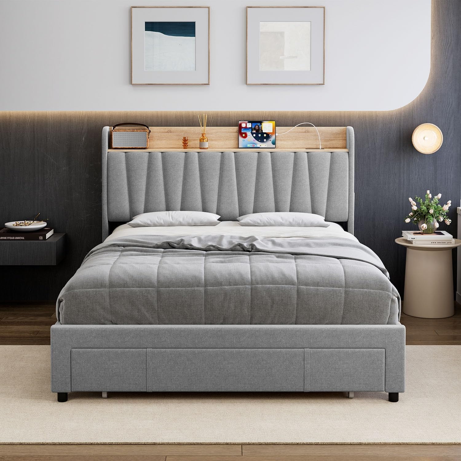 KOKEBREN Full Size Upholstered Platform Bed Frame, Metal Bed Frame for Bedroom, with Storage Drawers, Power Socket, Wooden Slats Mattress Foundation,Grey