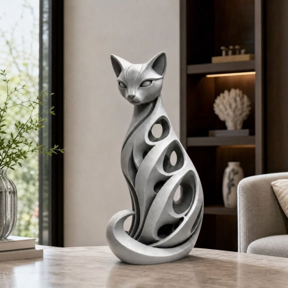 5.9 Inch Spiral Cat Figurine, Modern Abstract Feline Tabletop Accent for Shelf, Desk, Mantel, Home Office and Cat Lover Gift