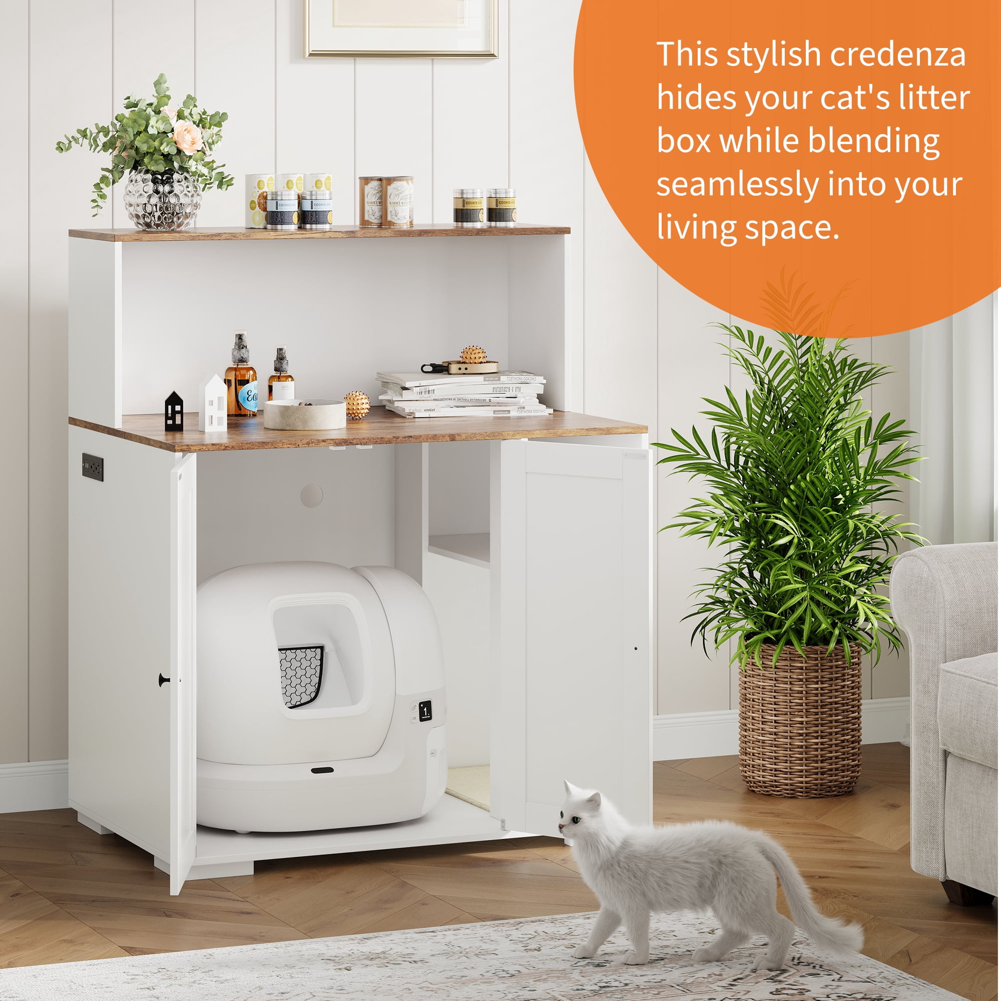 Ataucjin Large Cat Litter Box Enclosure with Scratch Pad, Large Automatic Litter Box Furniture for Placing Self-Cleaning Litter Box,Litter Cabinet with Outlet,Space for Cat Stuffs