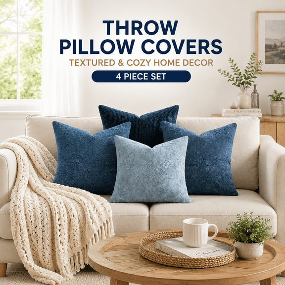 MORAVE Pack of 4 20x20 Inch Neutral Blue Chenille Throw Pillow Covers, Soft Farmhouse Accent Cushion Covers for Boho Western Spring Coastal Decor, Sofa Bed Living Room