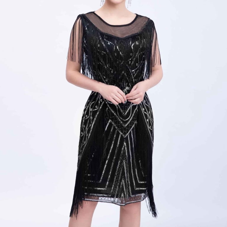 Cavosen Wedding Dresses for Bride Sleeveless Black Sequin Tassel Elegant 1920s Dress Round Neck Glitter Fringe Knee Length Midi Dress Flowy Sparkly
