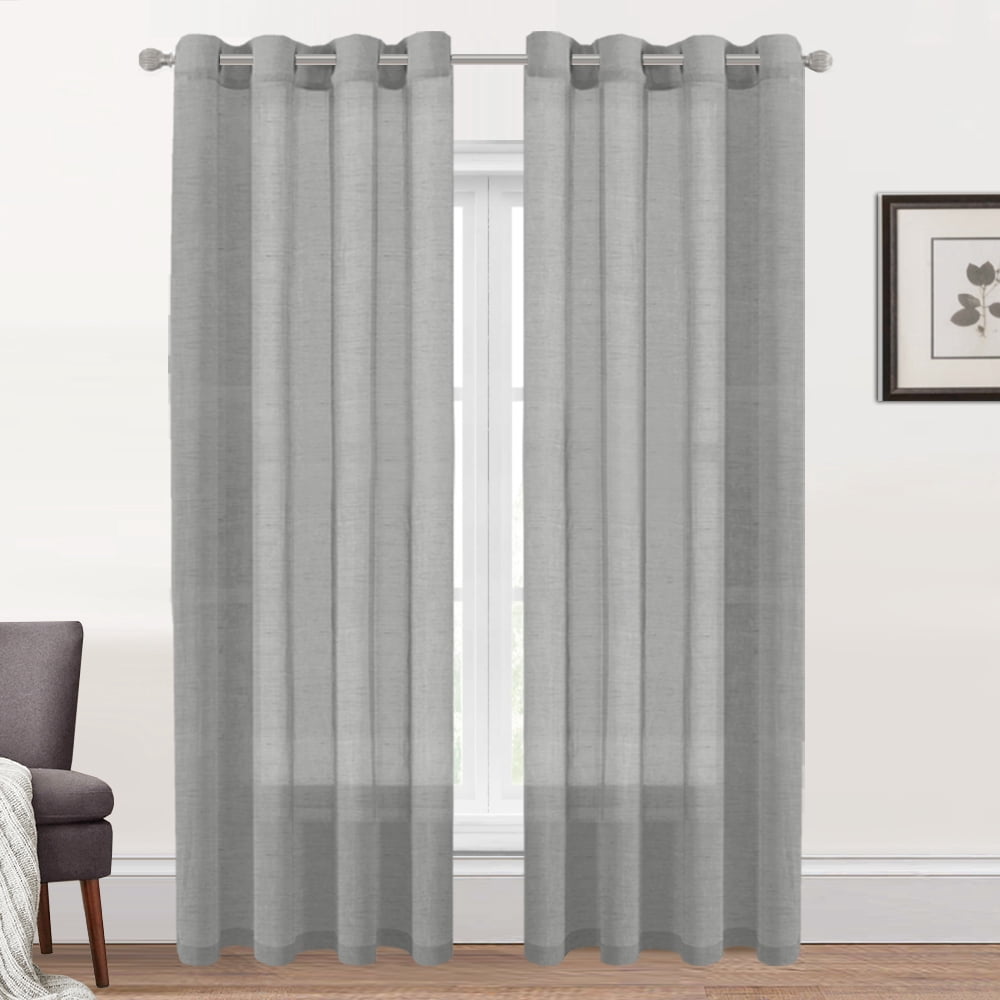 PrimeBeau Semi Sheer Curtains Light Filtering Natural Linen Blended Grommet Draperies, 52" by 96" inch, 2 Panel Set, Gray