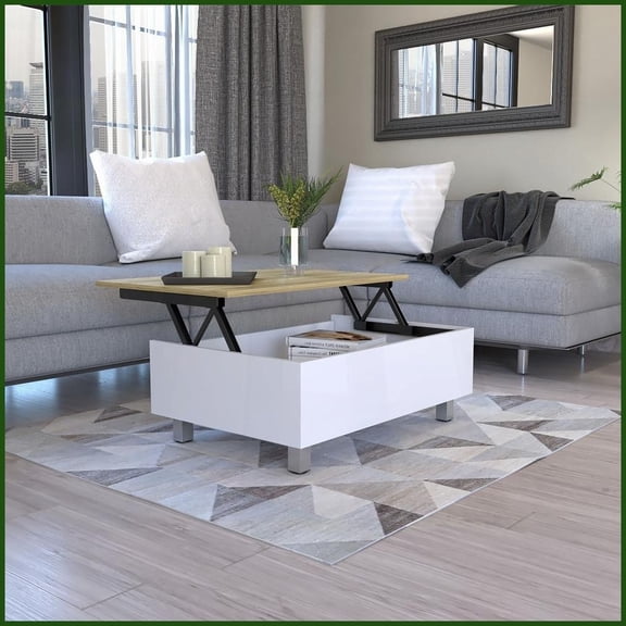 Lift Top Coffee Table with Concealed Storage, White/Light Oak Finish – Space-Saving for Living Room