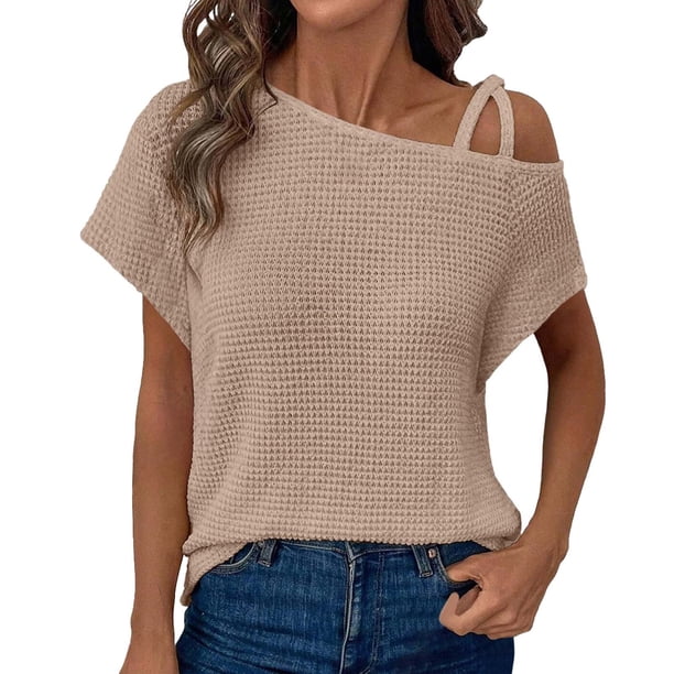 Top de manga corta de punto con hombros descubiertos para mujer - Blusa informal ligera - Conjunto de verano de color liso - S-XXL