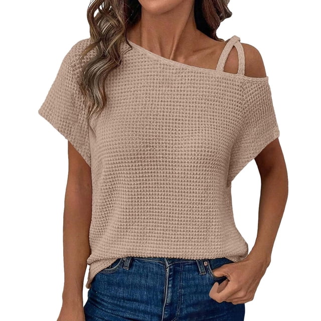 Top de manga corta de punto con hombros descubiertos para mujer - Blusa informal ligera - Conjunto de verano de color liso - S-XXL