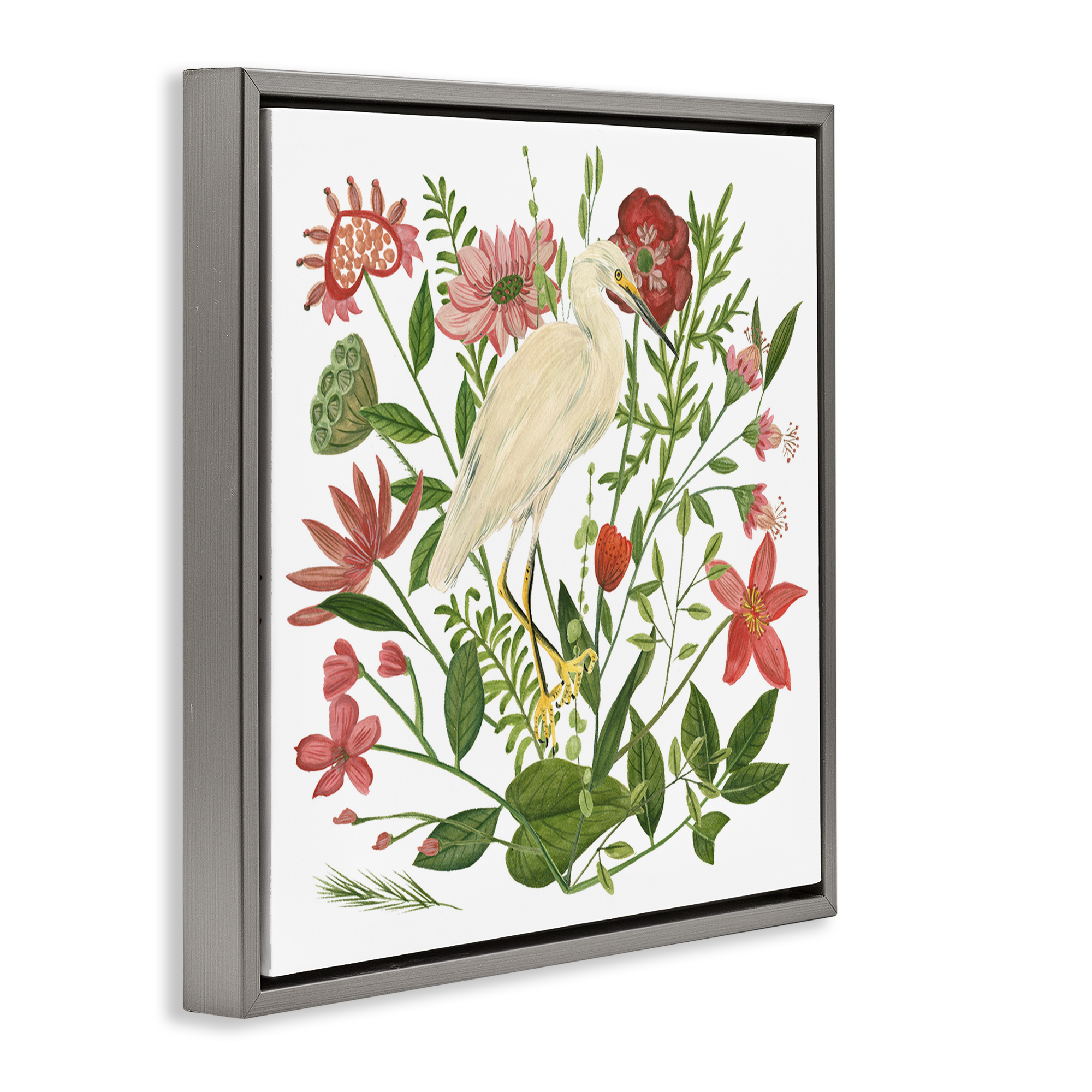 Stupell Industries Nautical Flowers & Egret Landscape Painting Gray Floater Framed Canvas Art Print Wall Art, 18 x 18