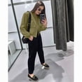thumbnail image 6 of Women'S Cropped Varsity Jackets Long Sleeve Button Down Casual Coat with Pockets Outwear Olive Green L, 6 of 7