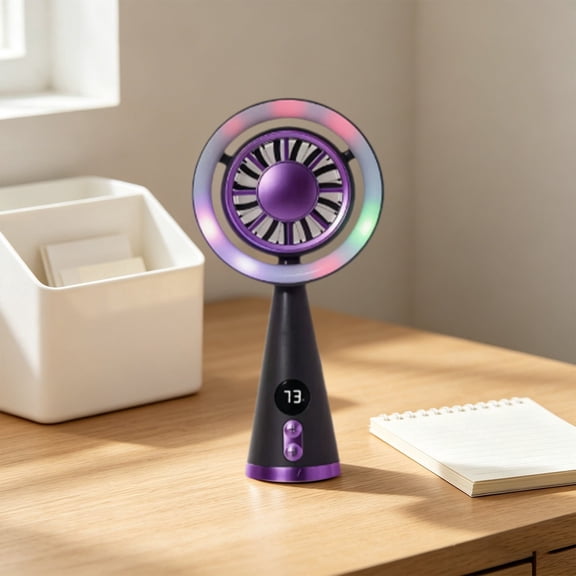 Cute Portable Handheld Fan With RGB Colorful Light & Digital Display, USB Rechargeable 5 Speed Quiet Personal Fan, Mini Desktop Fan For Home Office Travel Summer Cooling