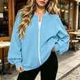 thumbnail image 3 of Full Zip Up Sweatshirt Women No Hood Oversized Loose Casual Long Sleeve V Neck Jacket Fall Winter Sweatshirt Sky Blue XXXL, 3 of 8