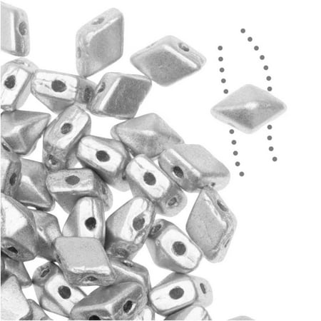 Czech Glass DiamonDuo Mini, 2-Hole Diamond Shaped Beads 4x6mm, 8 Grams, Matte Silver