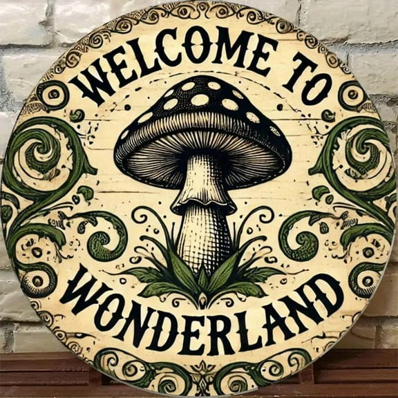Welcome to Wonderland Mushroom Metal Wall Art - 8x8 Inch Aluminum Vintage Retro Fantasy Decor with Scrollwork & Swirls, Whimsical Fairy Tale Bedroom Sign for Coffee Shop, Kitchen, Home Decor Mushroom