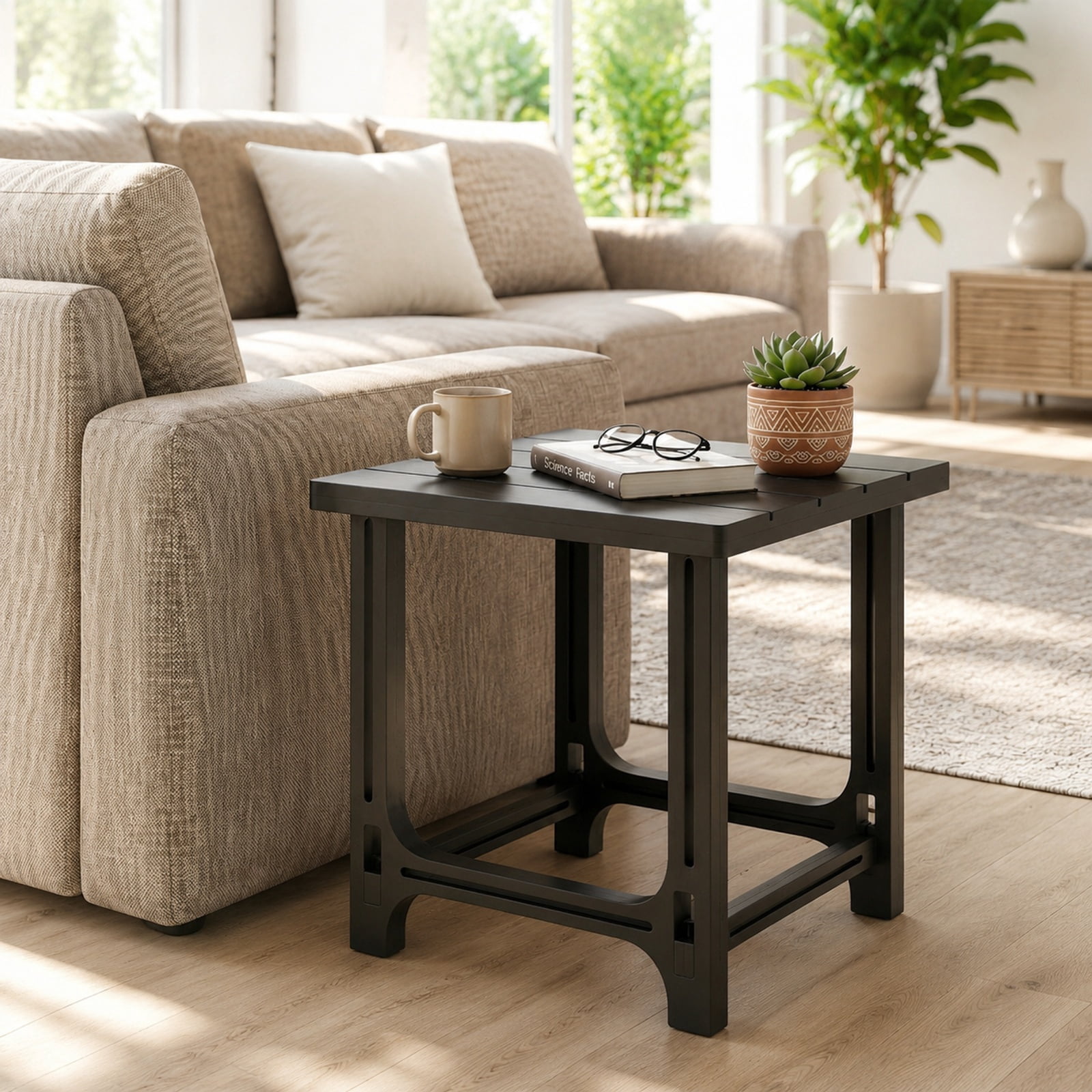 Furnibear Set of 2 Outdoor Adirondack Side Table with Slatted Surface and All Weather HDPE Build for Patio Poolside Deck and Garden, Black