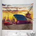 thumbnail image 1 of Nautical Tapestry, Giant Transportation Ship Escorting Tugs Leaving Port City Water at Sunset Marine, Fabric Wall Hanging Decor for Bedroom Living Room Dorm, 5 Sizes, Multicolor, by Ambesonne, 1 of 1