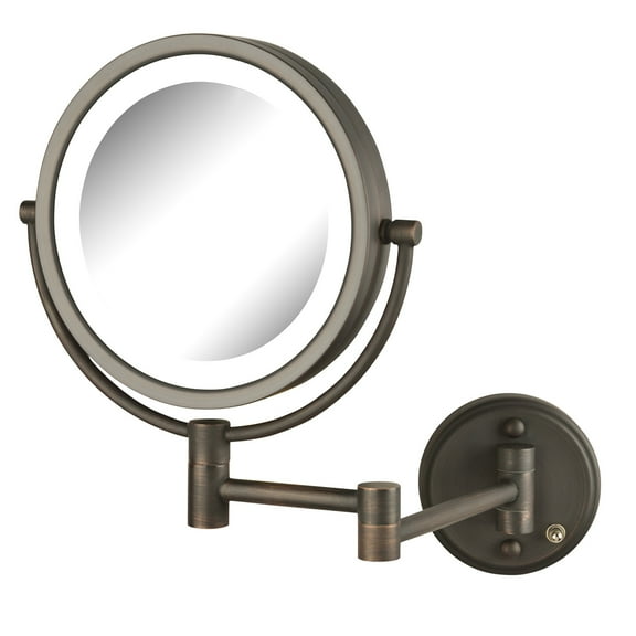 JERDON Two-Sided Wall-Mounted Makeup Mirror - LED Lighted - 8X-1X Magnification - Mirror Extends up to 13.5” From the Wall - 8.5-inch Diameter Mirror with Bronze Finish -Plug In - Model HL88BZL