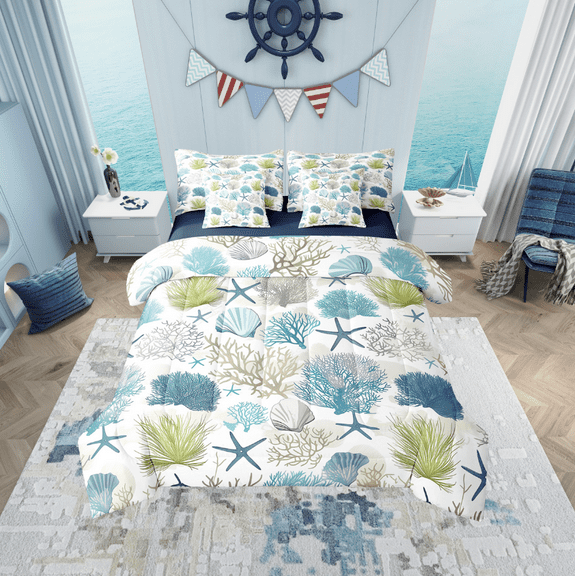 Erosebridal Ocean Coral Bedding Sets Twin Size, Cute Starfish Comforter Sets with Sheets, Marine Plant Reversible Bed Set, Microfiber Bedroom Decor, 7 Pieces