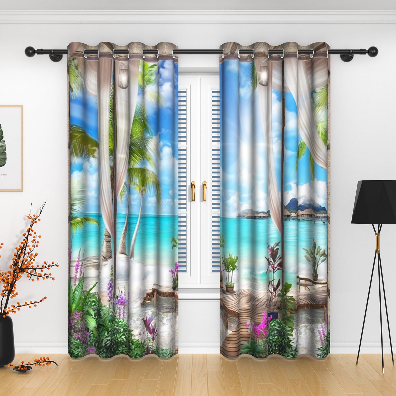 Sunlight Beach Blackout Curtains, Room Darkening Grommet Curtains, White Window View, 52"x63", 2 Panel