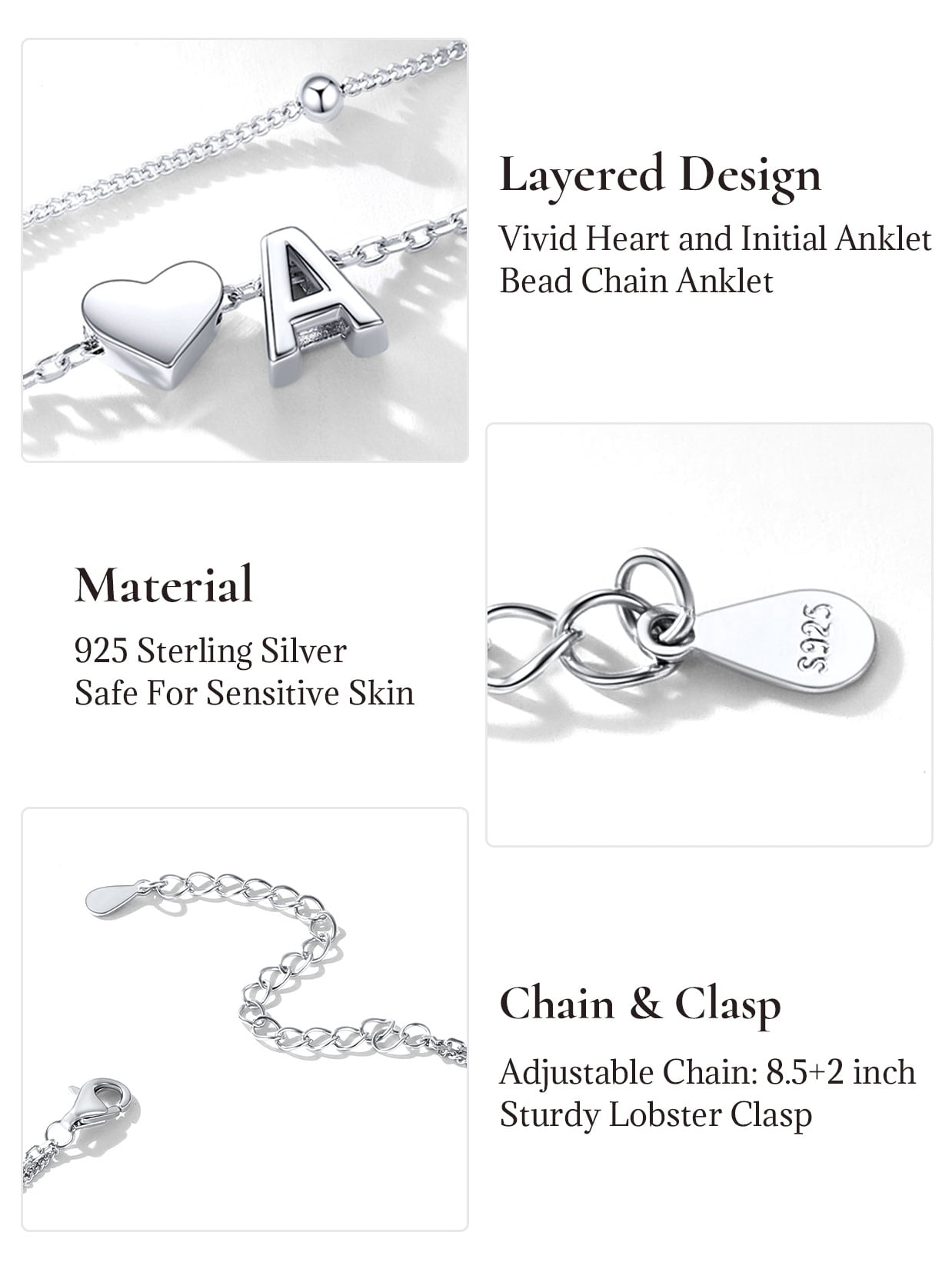 U7 Sterling Silver Anklets for Women Letter A Layered Heart Initials Ankle Bracelets Waterproof Summer Beach Jewelry Birthday Personalized Gifts for Mom Wife
