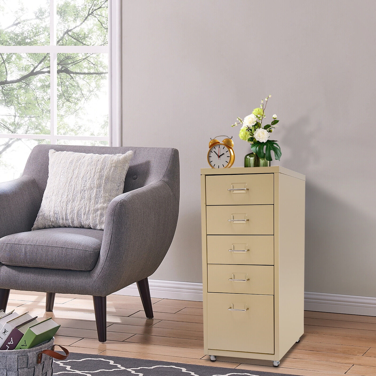 5 Drawer Metal Under Desk File Cabinet, Filing Storage Vertical Cabinets with Wheels for Organization Hanging Letter/Legal/F4/A4, Assembly Required (Beige)